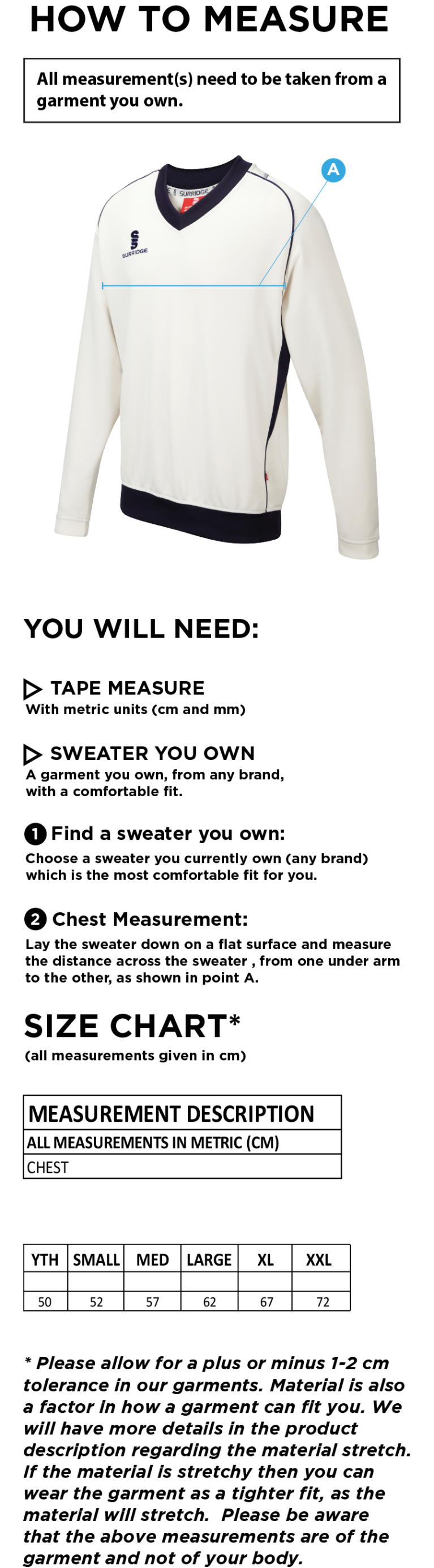 Great Budworth CC - Long Sleeve Sweater - Size Guide