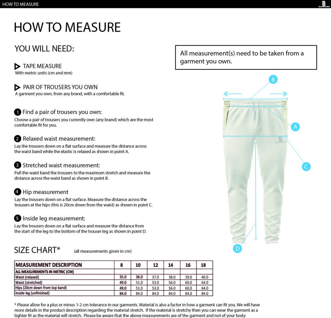 GREAT BUDWORTH CC Ergo Playing Women`s Pant - Size Guide