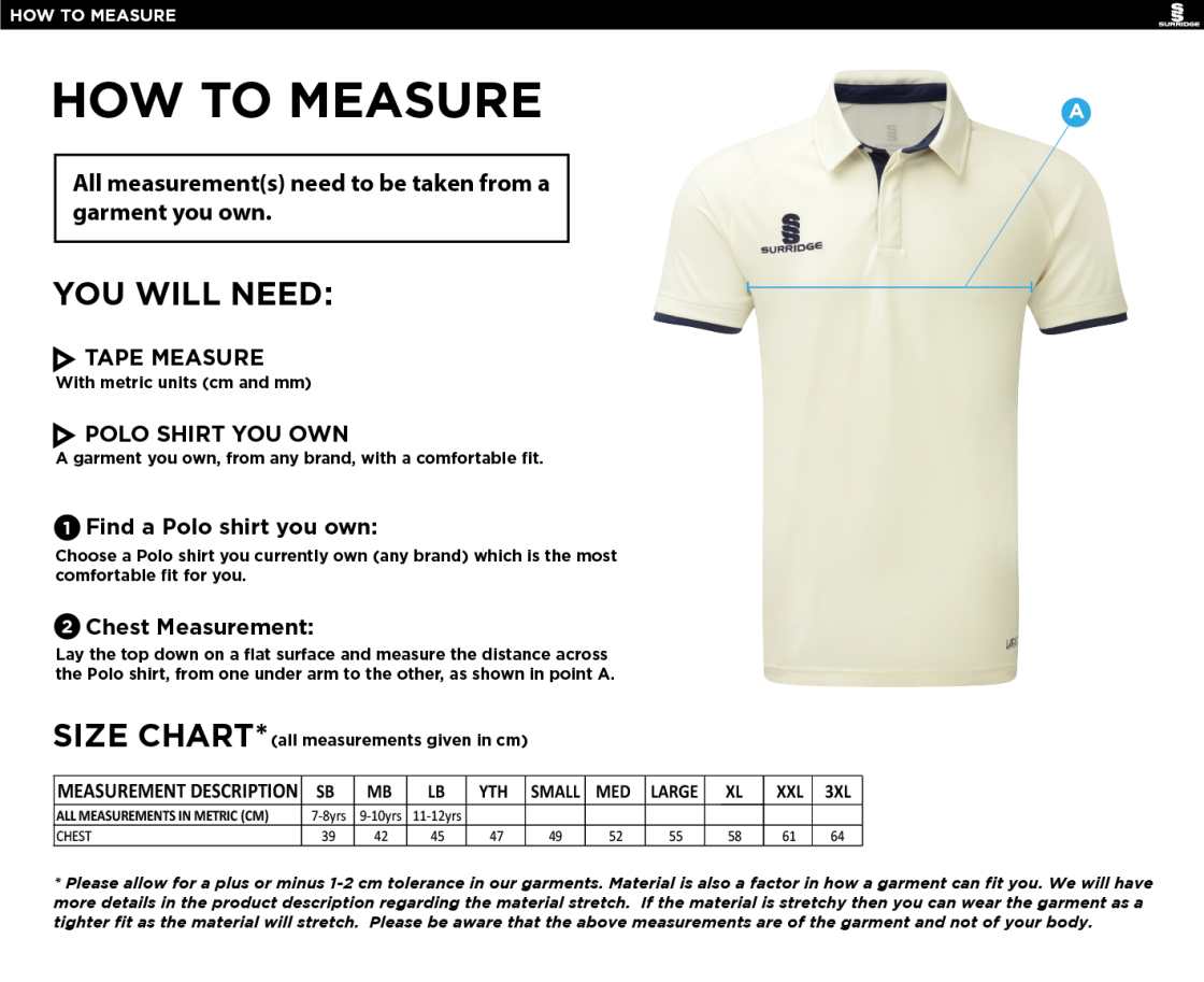 Great Budworth CC - Short Sleeve Cricket Shirt - Size Guide