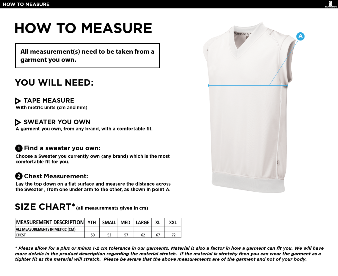 Great Budworth CC - S/S Sweater - Size Guide