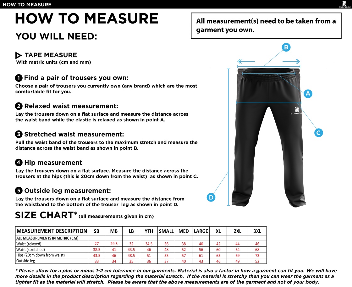 GREAT BUDWORTH CC Rip Stop Track Pant : Navy - Size Guide