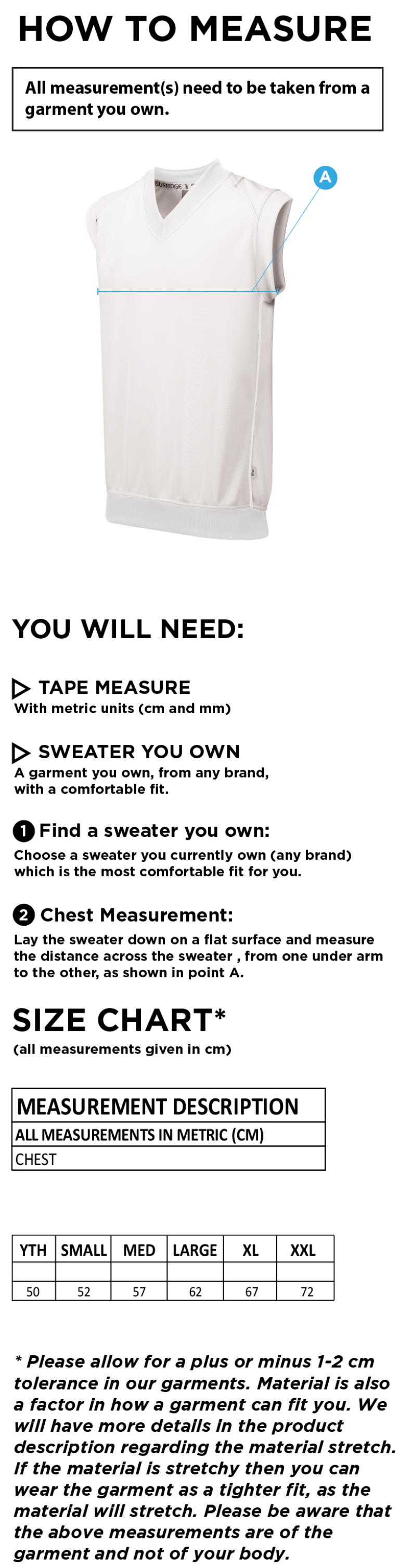 Great Budworth CC - S/S Sweater - Size Guide
