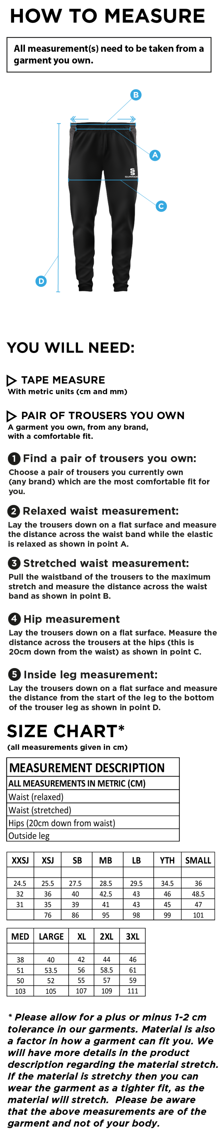Great Budworth CC - Tek Skinny Pants - Size Guide