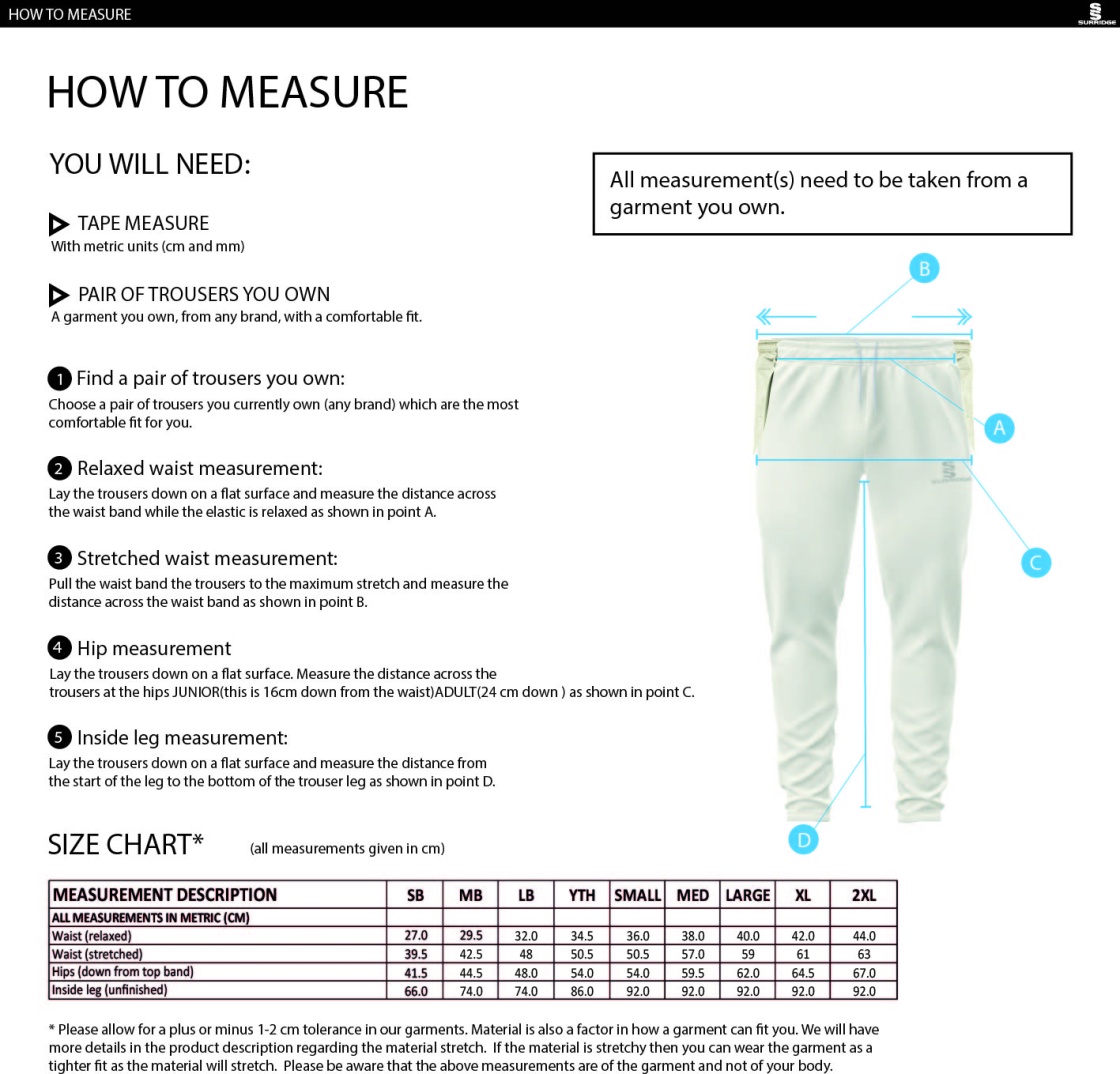Great Budworth CC - White Playing Pants - Size Guide