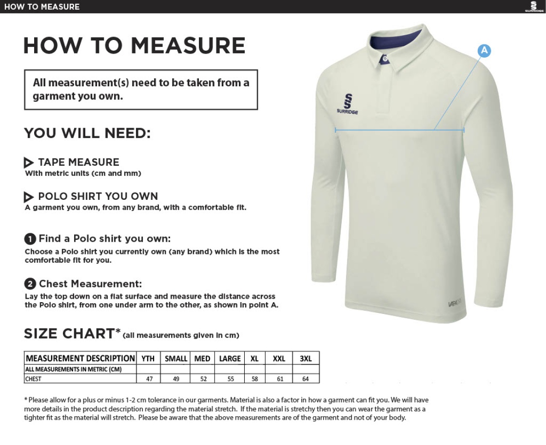 Great Budworth CC - Long Sleeved Cricket Shirt - Size Guide
