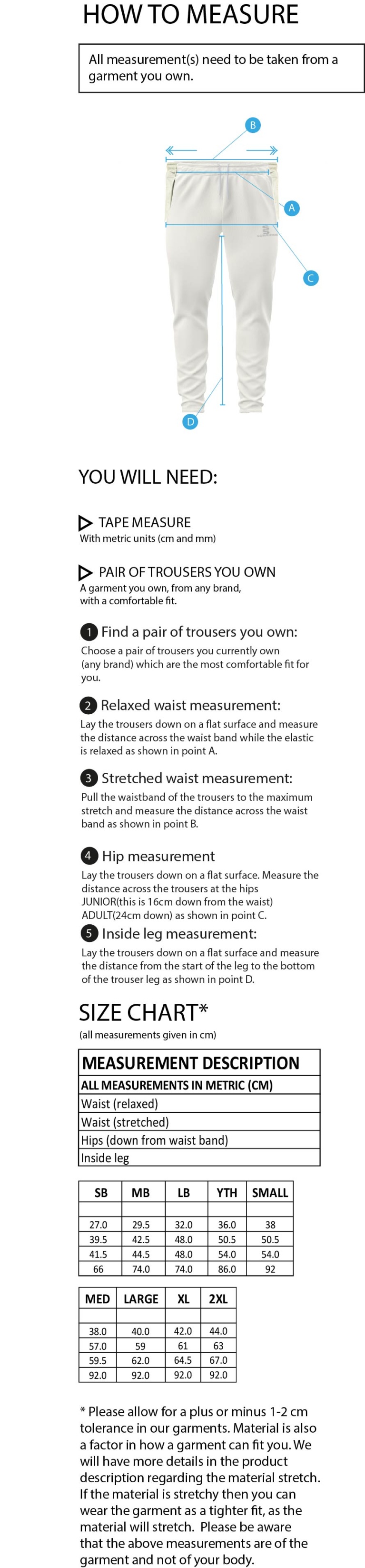 Great Budworth CC - White Playing Pants - Size Guide